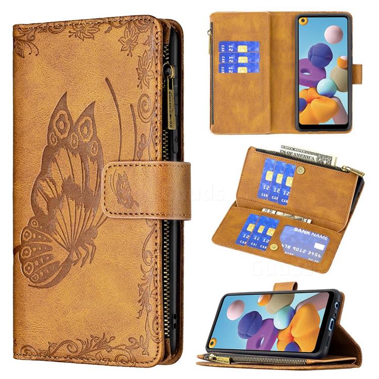 Binfen Color Imprint Vivid Butterfly Buckle Zipper Multi-function Leather Phone Wallet for Samsung Galaxy A21 - Brown