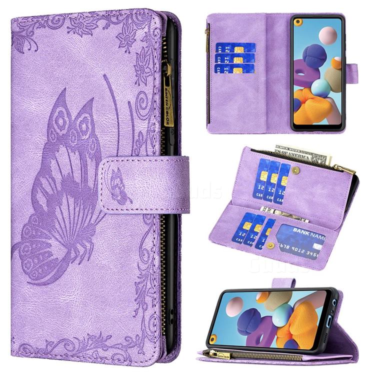 Binfen Color Imprint Vivid Butterfly Buckle Zipper Multi-function Leather Phone Wallet for Samsung Galaxy A21 - Purple