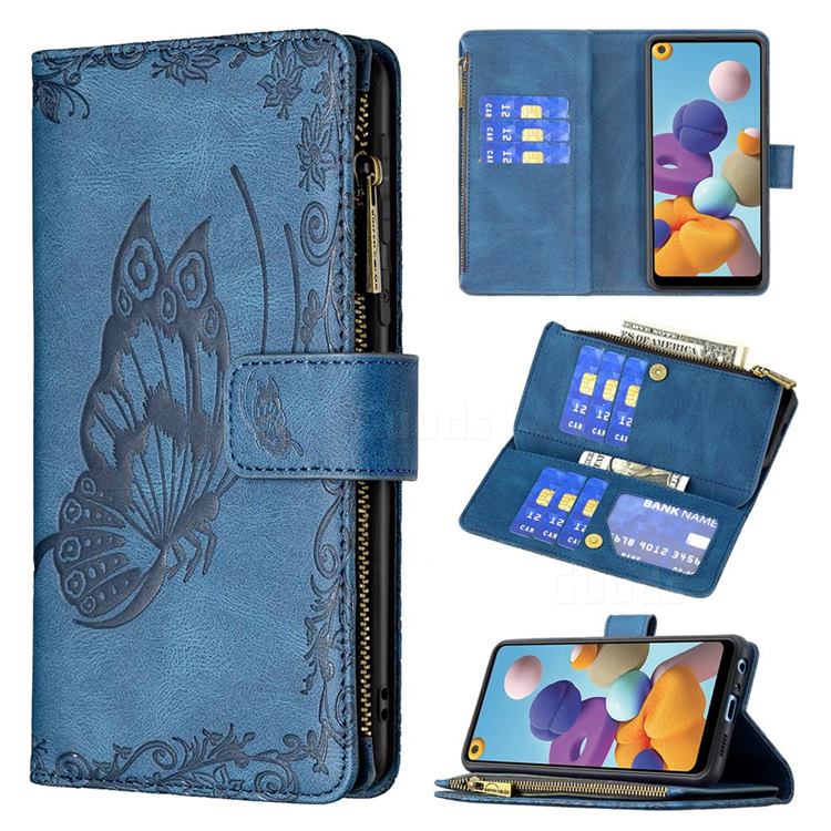 Binfen Color Imprint Vivid Butterfly Buckle Zipper Multi-function Leather Phone Wallet for Samsung Galaxy A21 - Blue