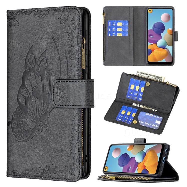 Binfen Color Imprint Vivid Butterfly Buckle Zipper Multi-function Leather Phone Wallet for Samsung Galaxy A21 - Black