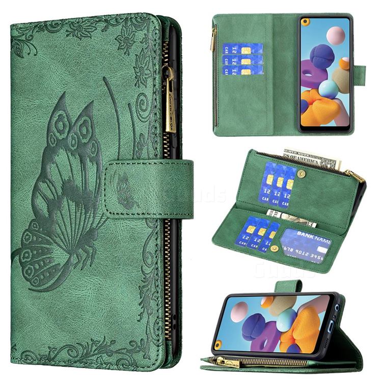 Binfen Color Imprint Vivid Butterfly Buckle Zipper Multi-function Leather Phone Wallet for Samsung Galaxy A21 - Green