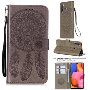 Embossing Dream Catcher Mandala Flower Leather Wallet Case for Samsung Galaxy A21 - Gray