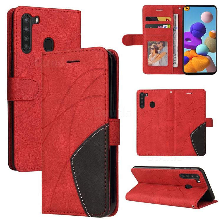 Luxury Two-color Stitching Leather Wallet Case Cover for Samsung Galaxy A21 - Red