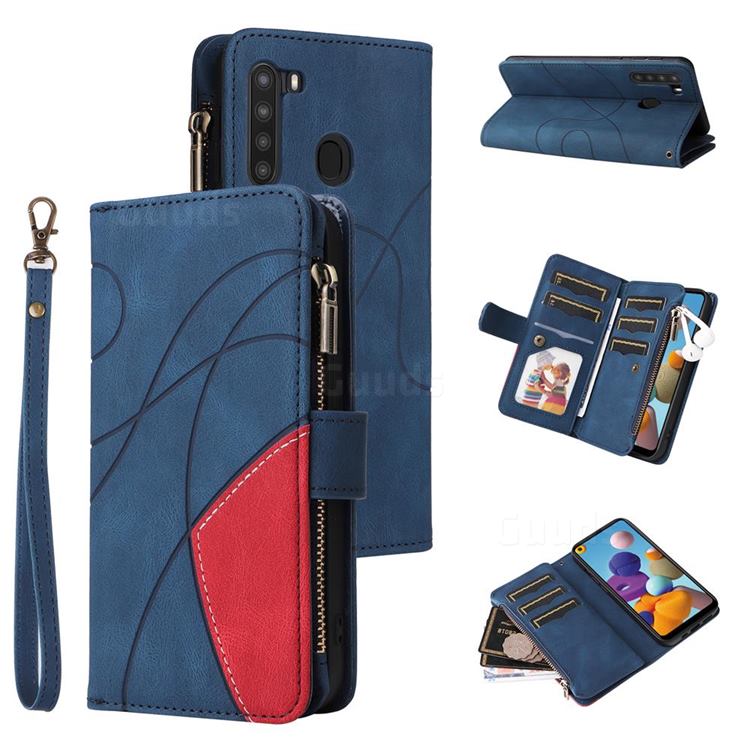 Luxury Two-color Stitching Multi-function Zipper Leather Wallet Case Cover for Samsung Galaxy A21 - Blue