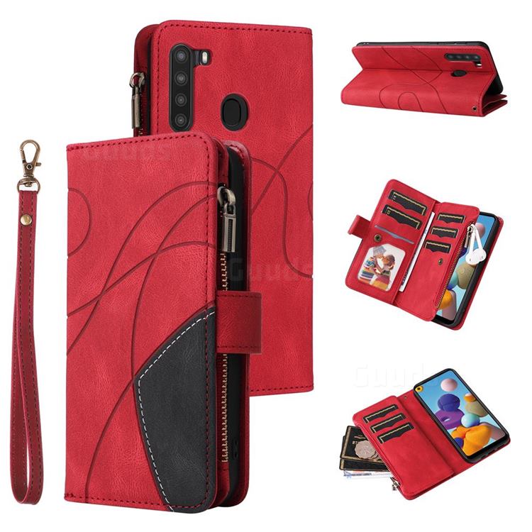 Luxury Two-color Stitching Multi-function Zipper Leather Wallet Case Cover for Samsung Galaxy A21 - Red