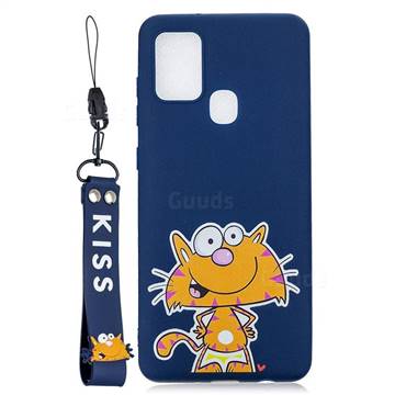 Blue Cute Cat Soft Kiss Candy Hand Strap Silicone Case for Samsung Galaxy A21s