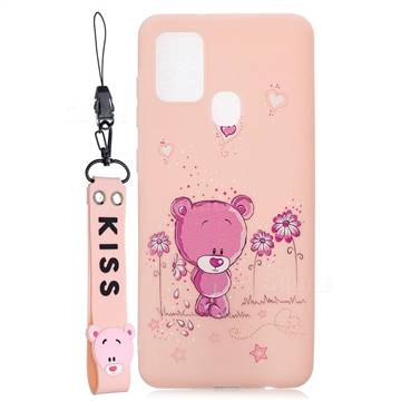 Pink Flower Bear Soft Kiss Candy Hand Strap Silicone Case for Samsung Galaxy A21s
