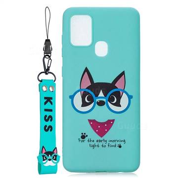 Green Glasses Dog Soft Kiss Candy Hand Strap Silicone Case for Samsung Galaxy A21s