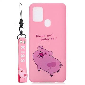 Pink Cute Pig Soft Kiss Candy Hand Strap Silicone Case for Samsung Galaxy A21s
