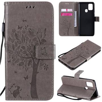 Embossing Butterfly Tree Leather Wallet Case for Samsung Galaxy A21s - Grey