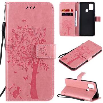 Embossing Butterfly Tree Leather Wallet Case for Samsung Galaxy A21s - Pink