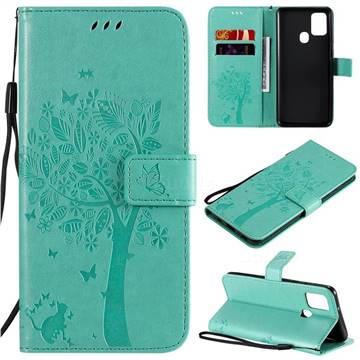 Embossing Butterfly Tree Leather Wallet Case for Samsung Galaxy A21s - Cyan