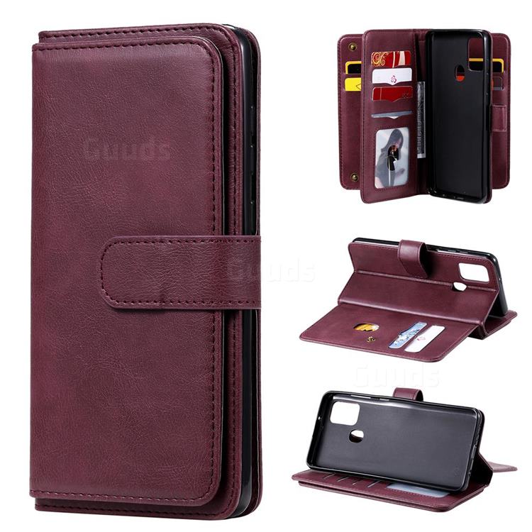 Multi-function Ten Card Slots and Photo Frame PU Leather Wallet Phone Case Cover for Samsung Galaxy A21s - Claret