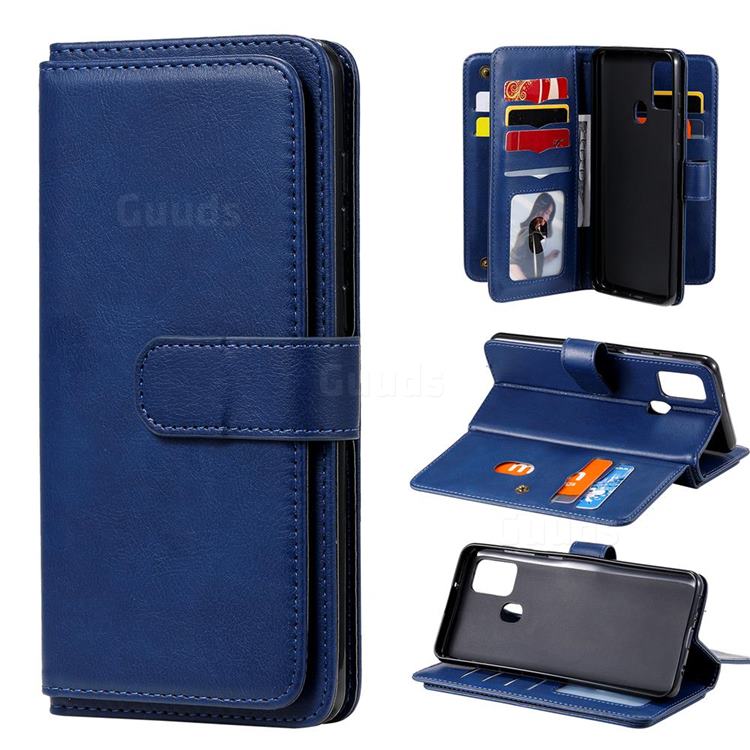 Multi-function Ten Card Slots and Photo Frame PU Leather Wallet Phone Case Cover for Samsung Galaxy A21s - Dark Blue