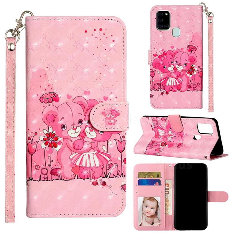 Pink Bear 3D Leather Phone Holster Wallet Case for Samsung Galaxy A21s