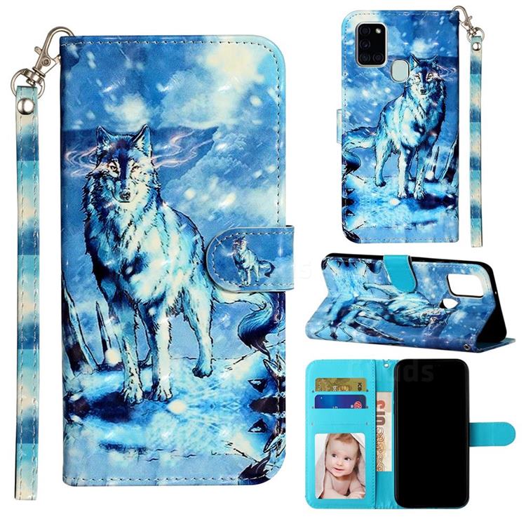 Snow Wolf 3D Leather Phone Holster Wallet Case for Samsung Galaxy A21s