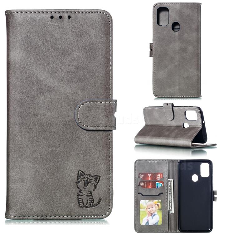Embossing Happy Cat Leather Wallet Case for Samsung Galaxy A21s - Gray