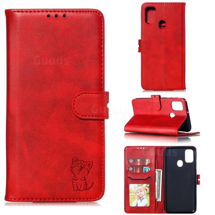 Embossing Happy Cat Leather Wallet Case for Samsung Galaxy A21s - Red