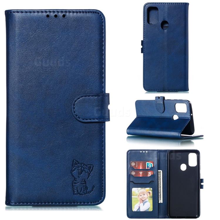 Embossing Happy Cat Leather Wallet Case for Samsung Galaxy A21s - Blue