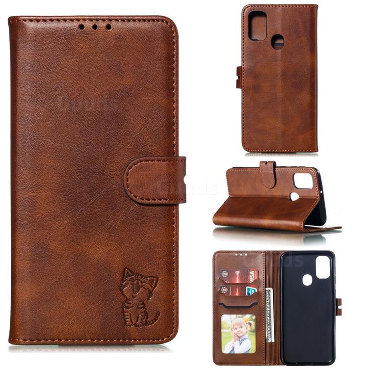 Embossing Happy Cat Leather Wallet Case for Samsung Galaxy A21s - Brown