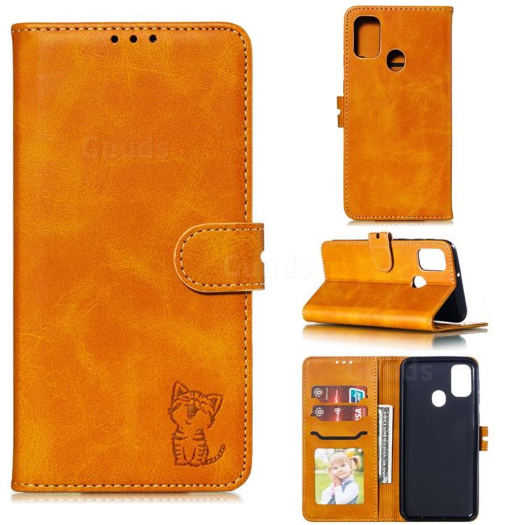 Embossing Happy Cat Leather Wallet Case for Samsung Galaxy A21s - Yellow
