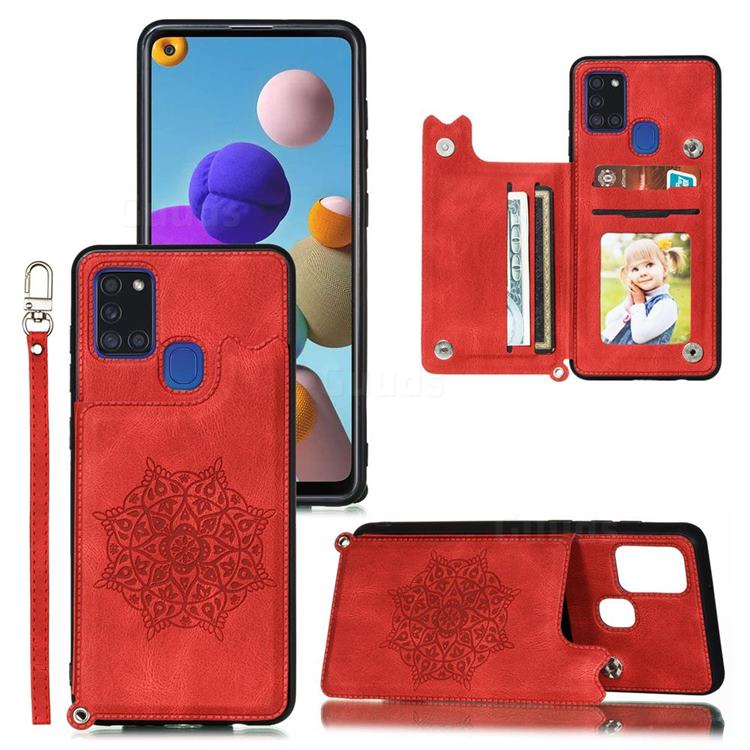 Luxury Mandala Multi-function Magnetic Card Slots Stand Leather Back Cover for Samsung Galaxy A21s - Red