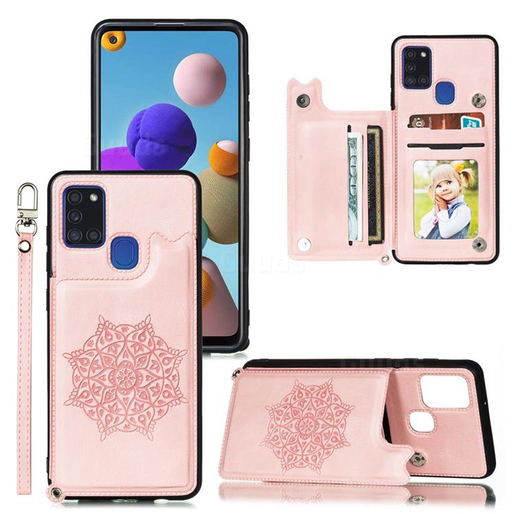 Luxury Mandala Multi-function Magnetic Card Slots Stand Leather Back Cover for Samsung Galaxy A21s - Rose Gold
