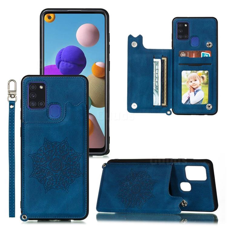 Luxury Mandala Multi-function Magnetic Card Slots Stand Leather Back Cover for Samsung Galaxy A21s - Blue