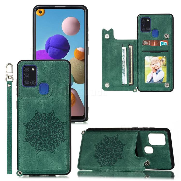 Luxury Mandala Multi-function Magnetic Card Slots Stand Leather Back Cover for Samsung Galaxy A21s - Green