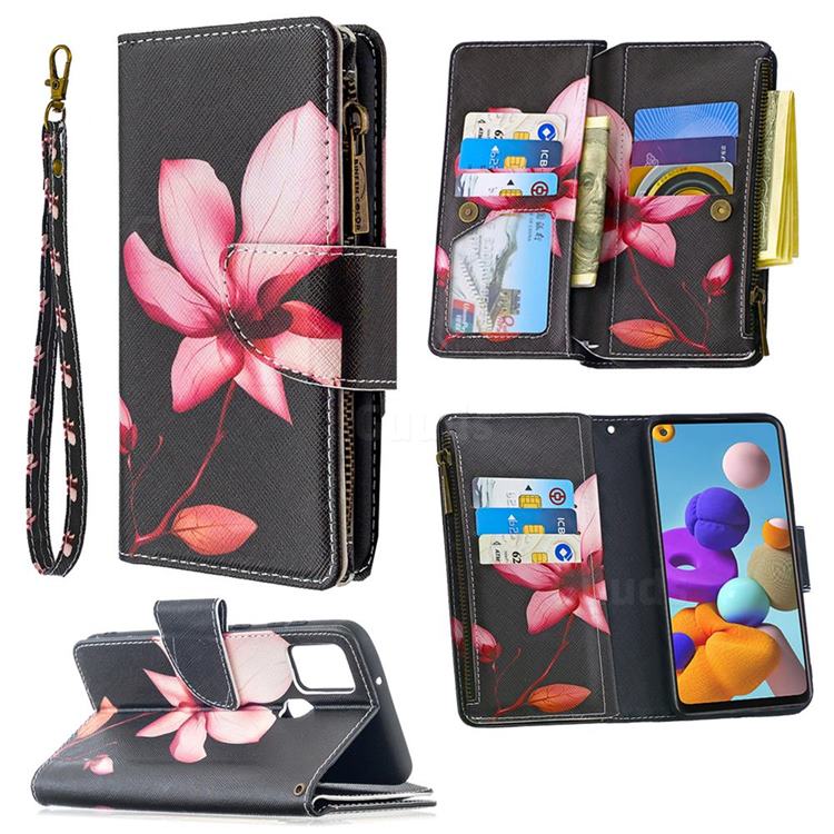 Lotus Flower Binfen Color BF03 Retro Zipper Leather Wallet Phone Case for Samsung Galaxy A21s