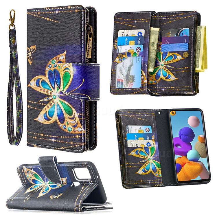 Golden Shining Butterfly Binfen Color BF03 Retro Zipper Leather Wallet Phone Case for Samsung Galaxy A21s
