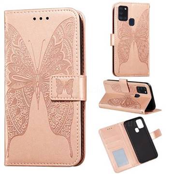 Intricate Embossing Vivid Butterfly Leather Wallet Case for Samsung Galaxy A21s - Rose Gold