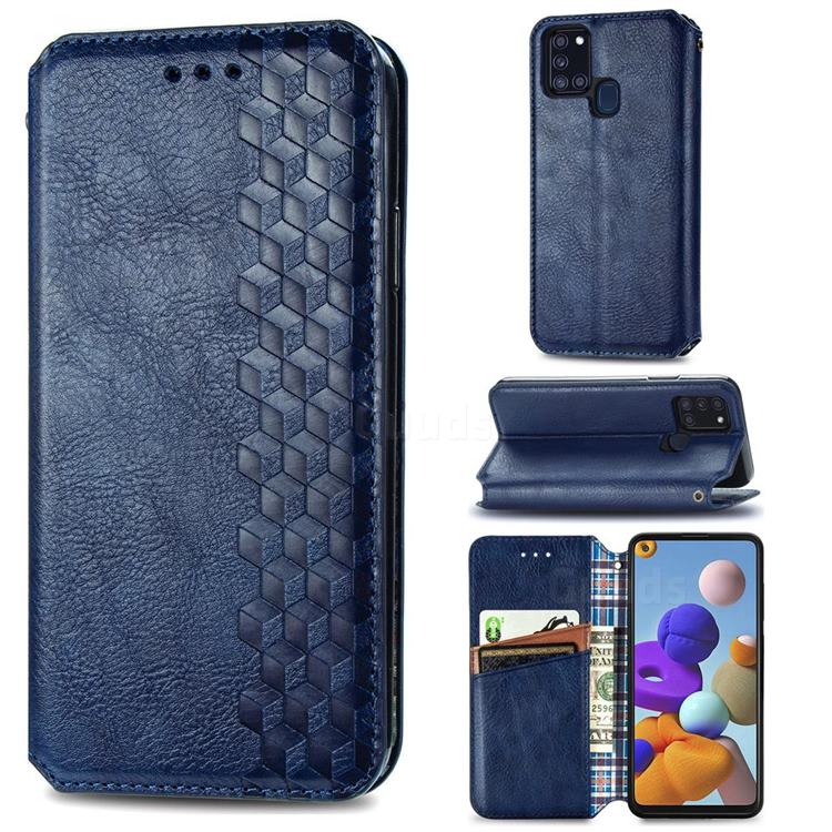 Ultra Slim Fashion Business Card Magnetic Automatic Suction Leather Flip Cover for Samsung Galaxy A21s - Dark Blue