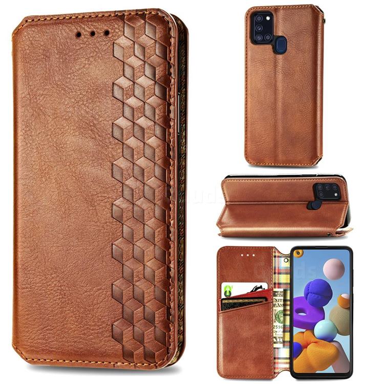 Ultra Slim Fashion Business Card Magnetic Automatic Suction Leather Flip Cover for Samsung Galaxy A21s - Brown