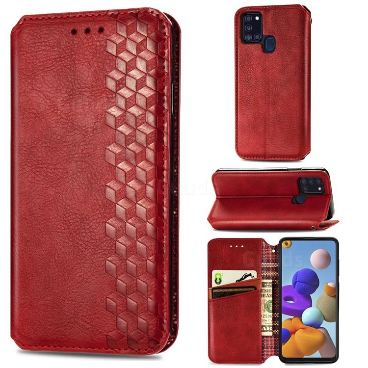 Ultra Slim Fashion Business Card Magnetic Automatic Suction Leather Flip Cover for Samsung Galaxy A21s - Red