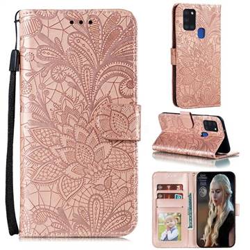 Intricate Embossing Lace Jasmine Flower Leather Wallet Case for Samsung Galaxy A21s - Rose Gold