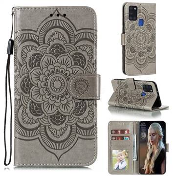 Intricate Embossing Datura Solar Leather Wallet Case for Samsung Galaxy A21s - Gray