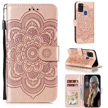 Intricate Embossing Datura Solar Leather Wallet Case for Samsung Galaxy A21s - Rose Gold