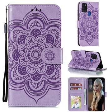 Intricate Embossing Datura Solar Leather Wallet Case for Samsung Galaxy A21s - Purple
