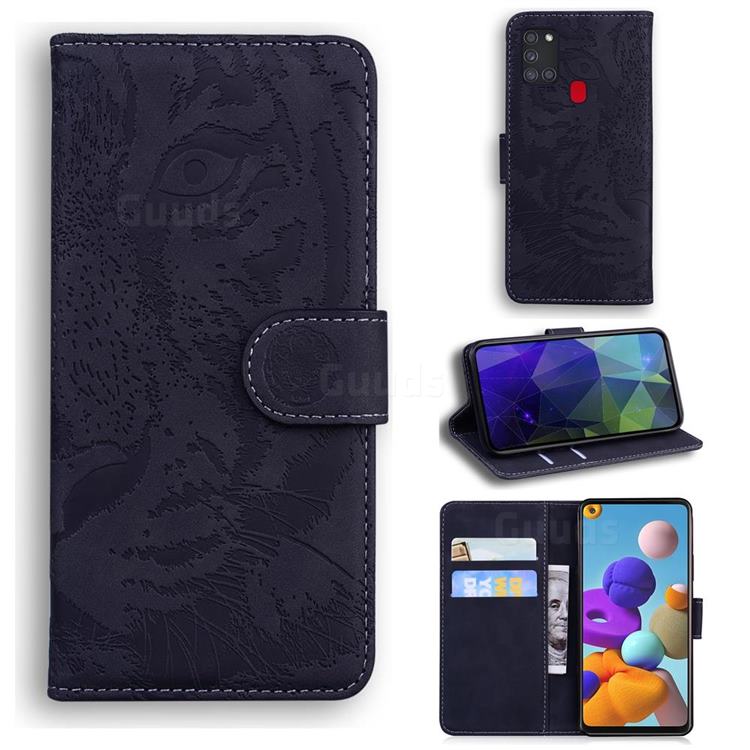 Intricate Embossing Tiger Face Leather Wallet Case for Samsung Galaxy A21s - Black
