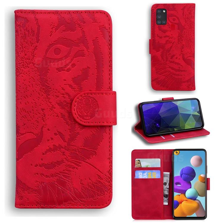Intricate Embossing Tiger Face Leather Wallet Case for Samsung Galaxy A21s - Red