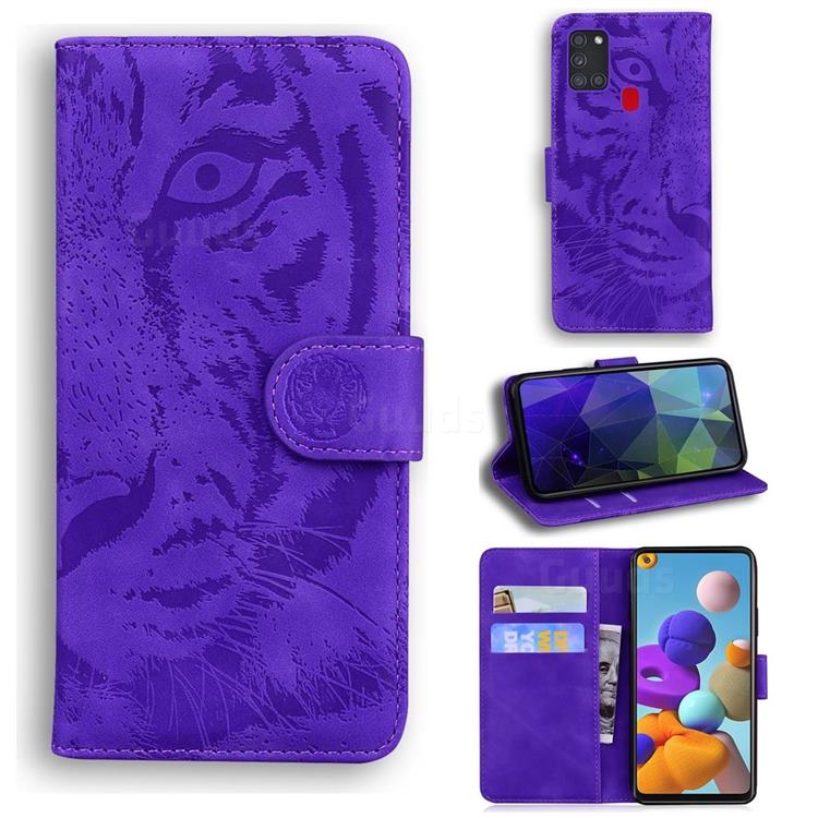 Intricate Embossing Tiger Face Leather Wallet Case for Samsung Galaxy A21s - Purple