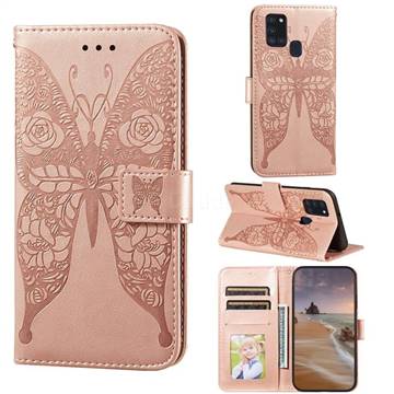 Intricate Embossing Rose Flower Butterfly Leather Wallet Case for Samsung Galaxy A21s - Rose Gold