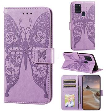 Intricate Embossing Rose Flower Butterfly Leather Wallet Case for Samsung Galaxy A21s - Purple