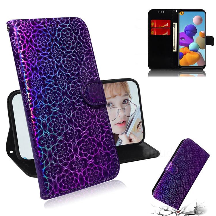 Laser Circle Shining Leather Wallet Phone Case for Samsung Galaxy A21s - Purple
