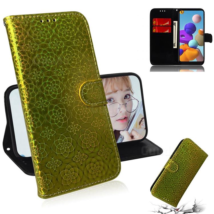 Laser Circle Shining Leather Wallet Phone Case for Samsung Galaxy A21s - Golden