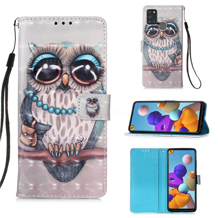 Sweet Gray Owl 3D Painted Leather Wallet Case for Samsung Galaxy A21s