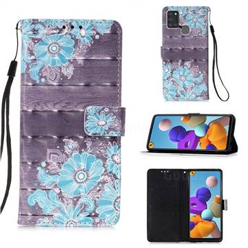 Blue Flower 3D Painted Leather Wallet Case for Samsung Galaxy A21s