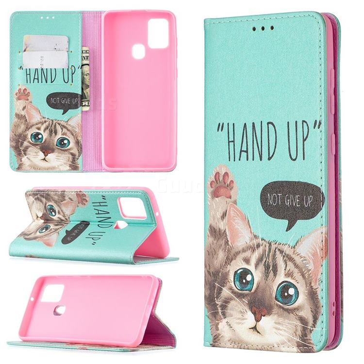Hand Up Cat Slim Magnetic Attraction Wallet Flip Cover for Samsung Galaxy A21s