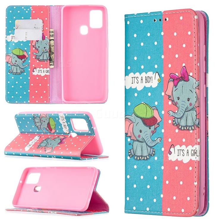 Elephant Boy and Girl Slim Magnetic Attraction Wallet Flip Cover for Samsung Galaxy A21s